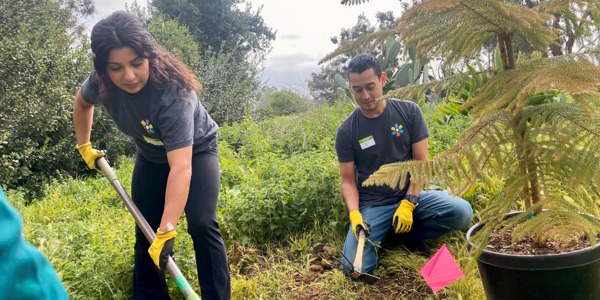 Krystina Cruz and Gerardo Jaimes Garcia help plant trees