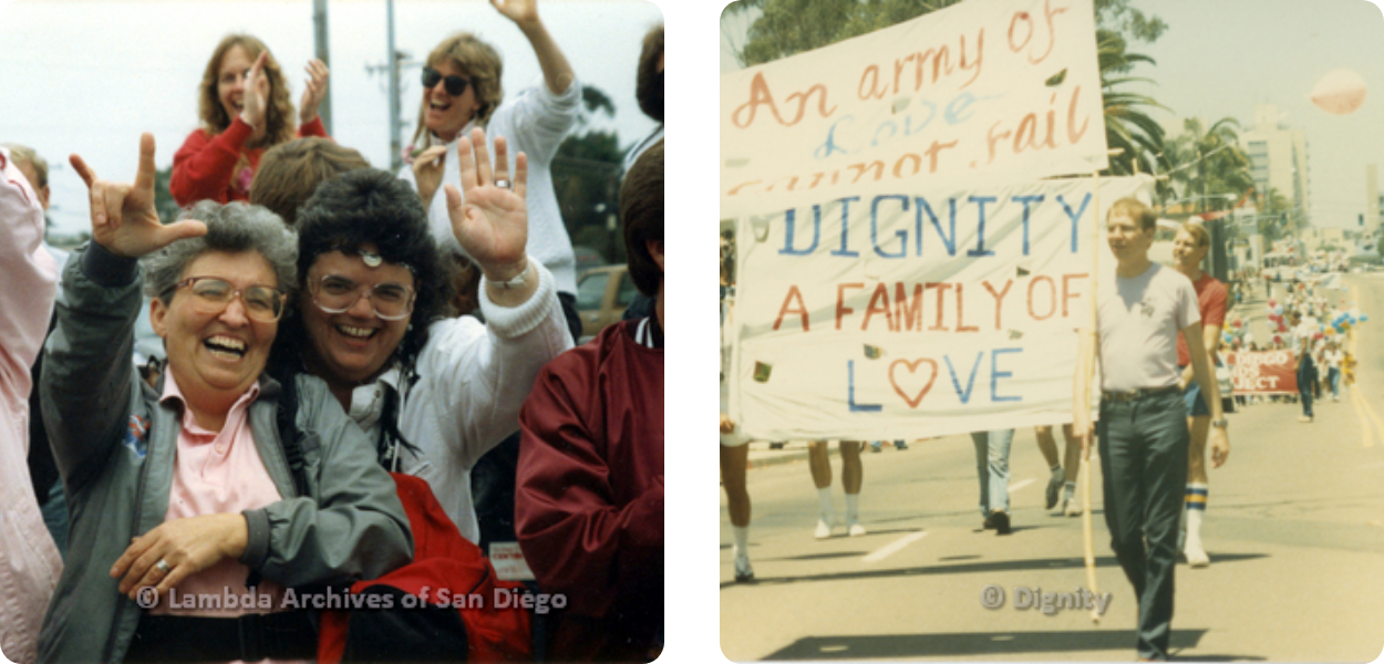 Cait Casey signing "love" and Michael Ann waving at San Diego Pride Parade in 1990 and a representatives of Dignity L.A. at San Diego Pride Parade in late 1980s or early 1990s
