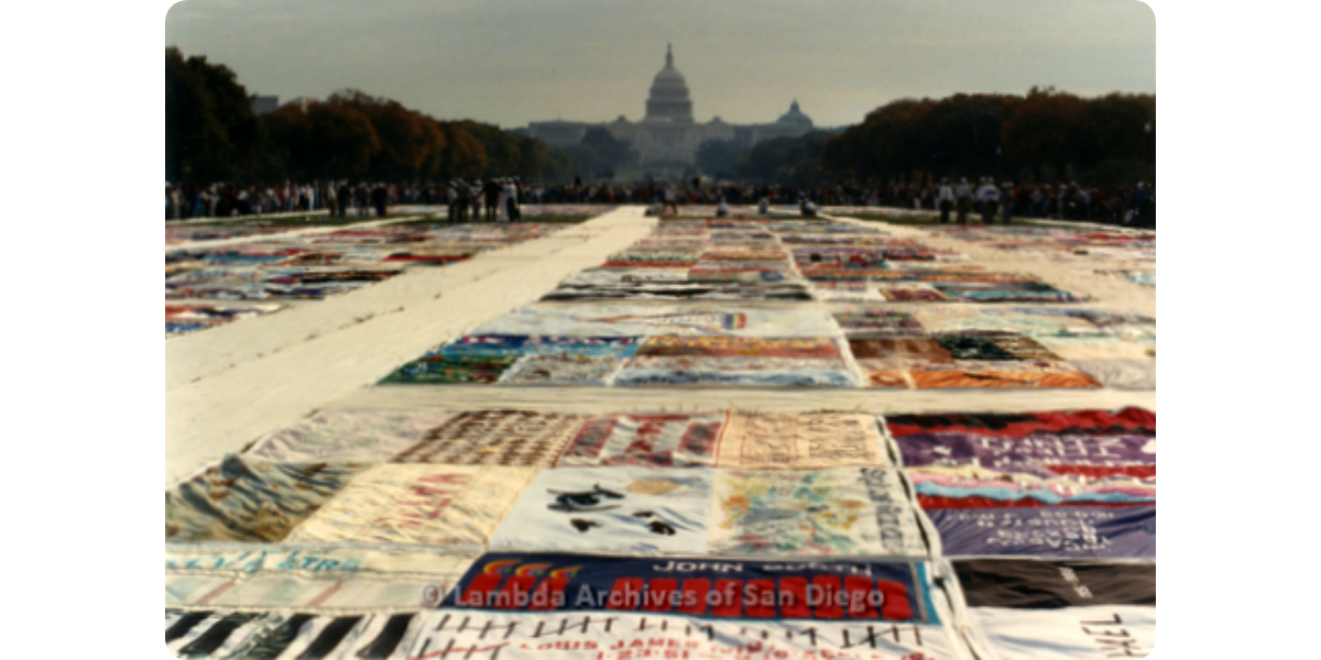 A view of the AIDS Memorial Quilt at the National Mall during the Second National March on Washington for Lesbian and Gay Rights in Washington, D.C. in 1987