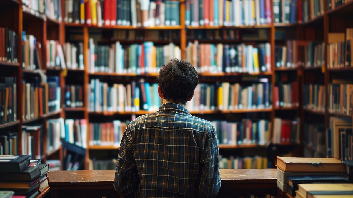 Closeted LGBTQ+ student in front of library books